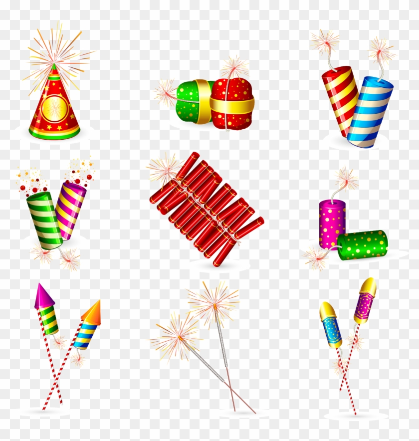 Colorful cartoon-style fireworks and firecrackers including rockets, sparklers, and爆竹 bundles on transparent background.