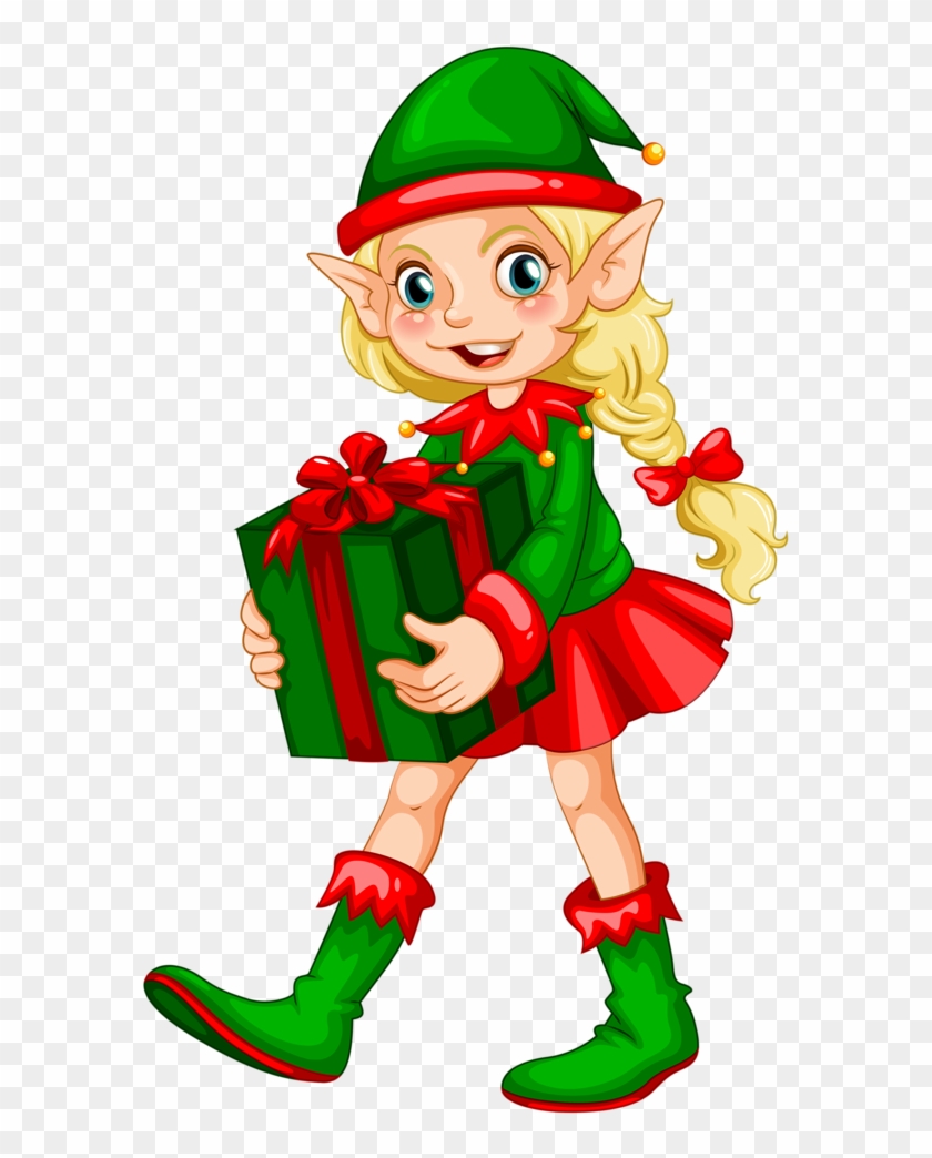 Festive Female Elf with Gift - Free PNG Clipart for Holiday Designs