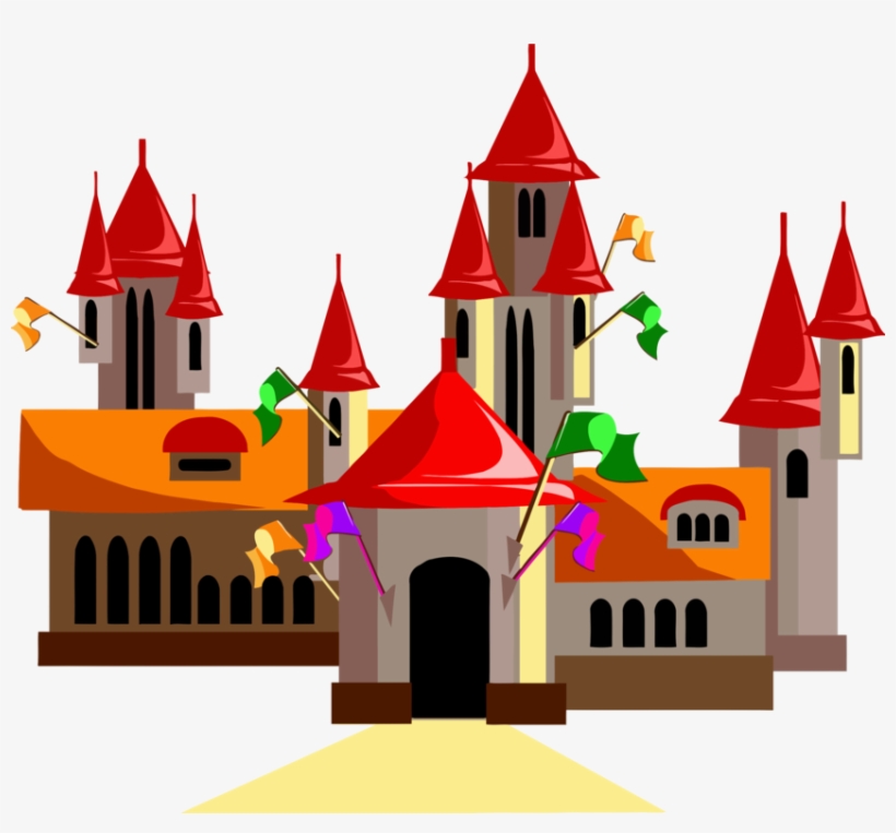 Colorful cartoon castle with red conical roofs, orange walls, and fluttering flags on a yellow path.