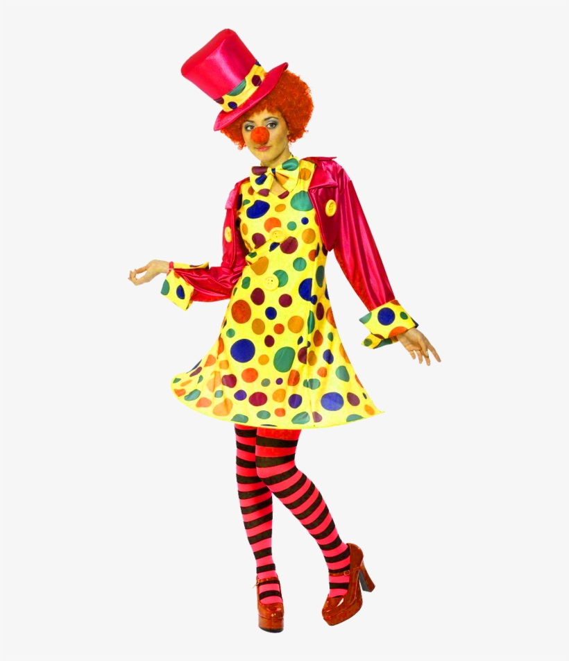 Woman in vibrant clown costume with polka-dot dress, red top hat, striped tights, and red nose posing playfully.