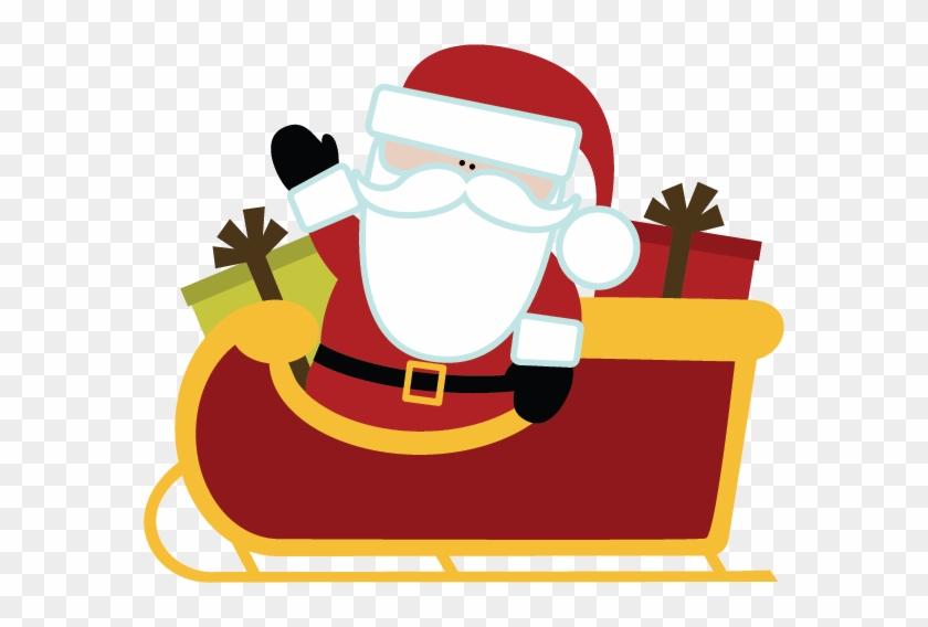 Santa Claus waving from his red sleigh filled with wrapped gifts, cartoon-style illustration.