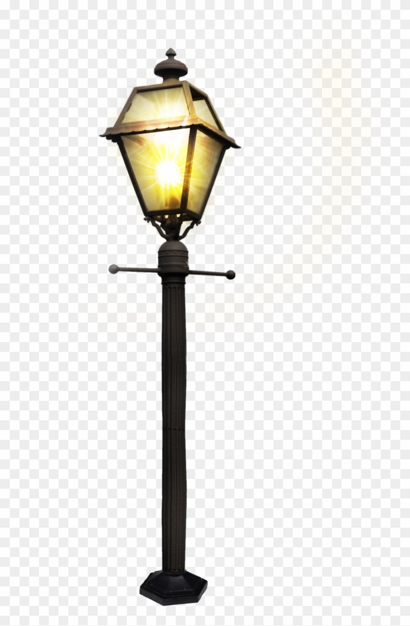 Classic vintage-style street lamp with glowing warm light, ornate metal frame, and fluted pole on transparent background.