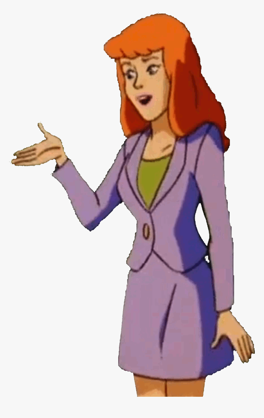Animated woman with orange hair in purple suit gesturing with open hand, smiling warmly.