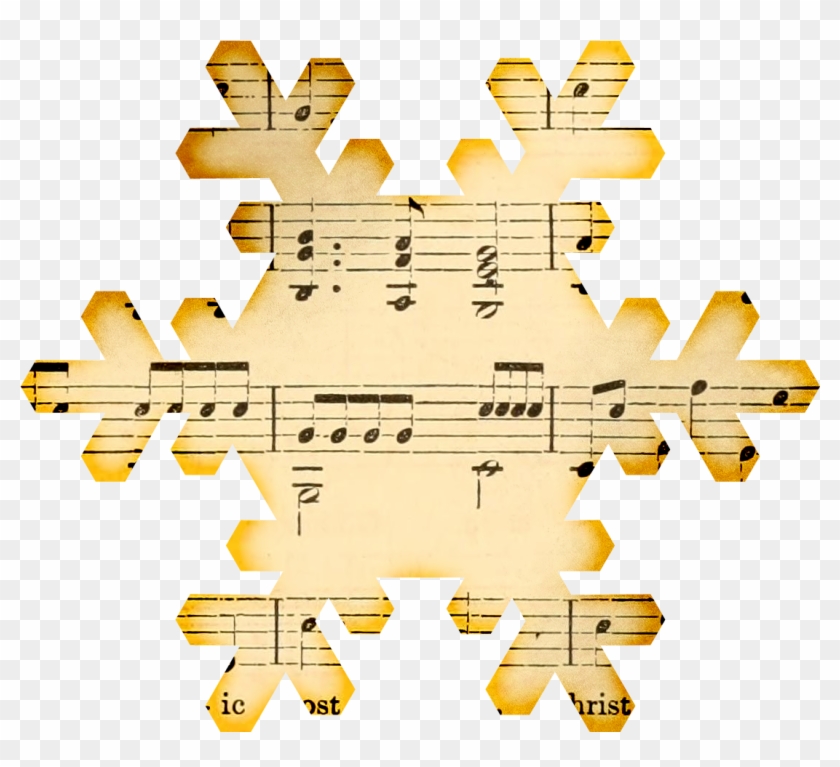 Vintage sheet music cut into a snowflake shape, evoking holiday music and winter themes.