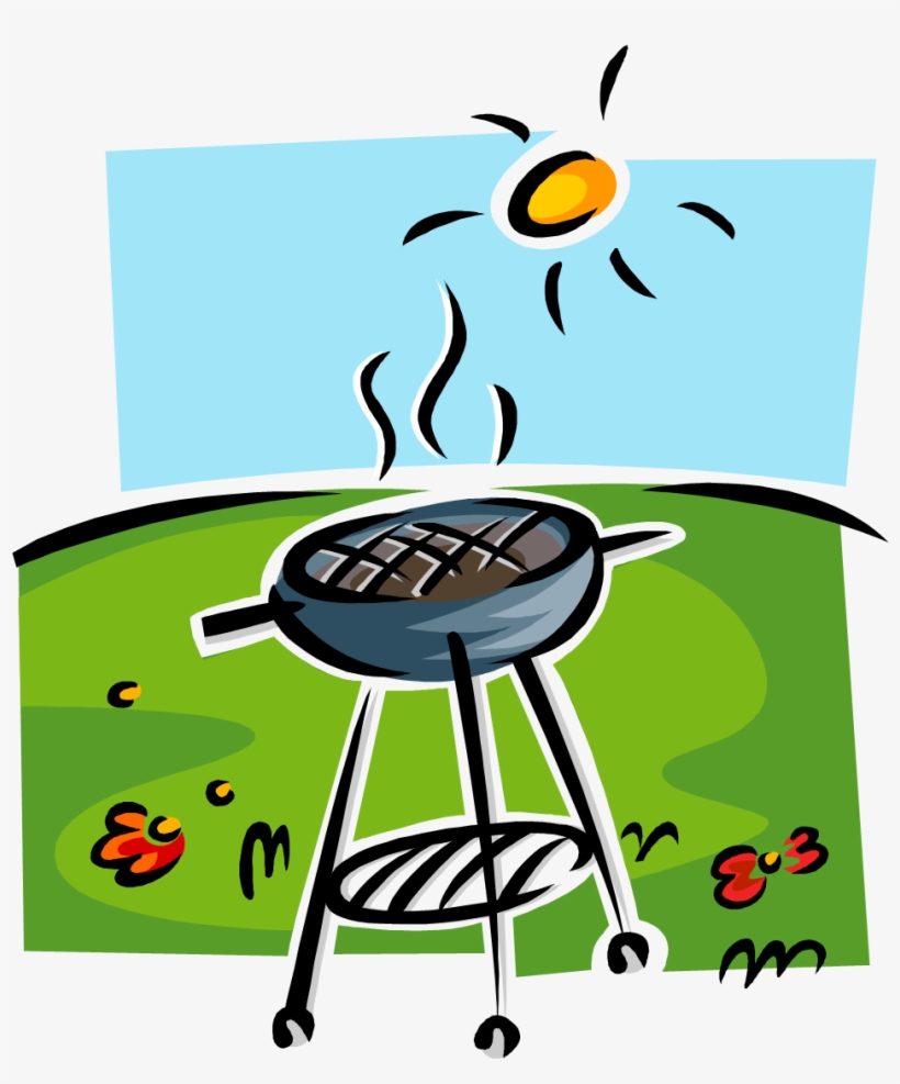 A cartoon-style charcoal grill smoking under a bright sun on a green lawn with flowers.