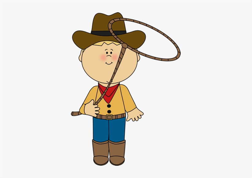 Cartoon cowboy boy wearing brown hat, yellow shirt, red bandana, blue jeans, and boots, holding a lasso.