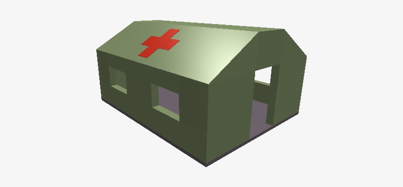 Olive-green 3D model of a field hospital building with a red cross on the roof and open doorway.
