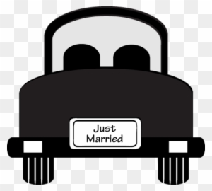 Black cartoon car with "Just Married" sign on rear bumper, viewed from behind.