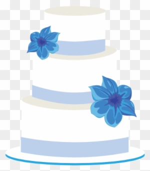Three-tiered white wedding cake with light blue ribbons and vibrant blue floral decorations on a transparent background.