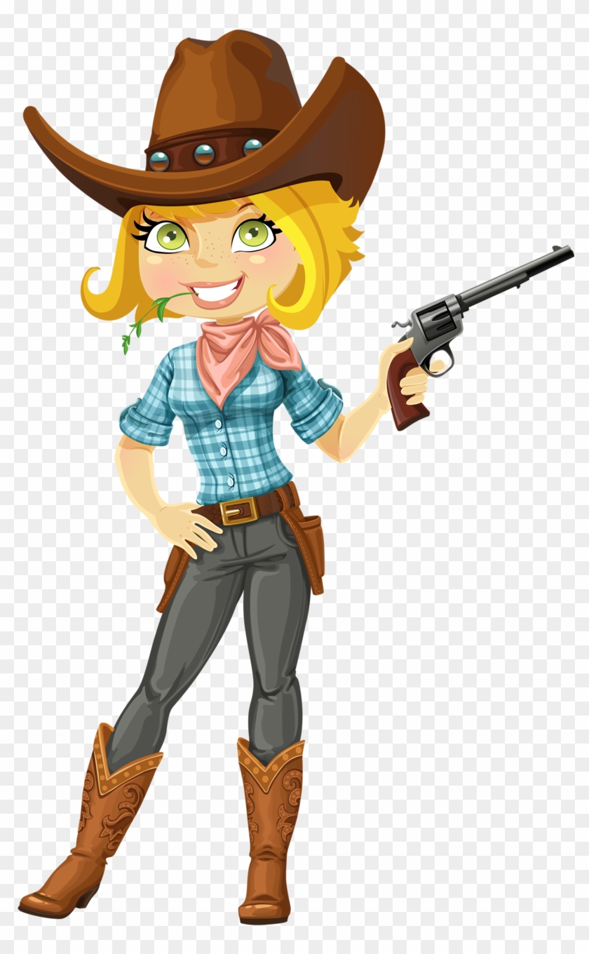 Cartoon blonde cowgirl with green eyes, brown hat, plaid shirt, holding revolver and smiling with grass in mouth.