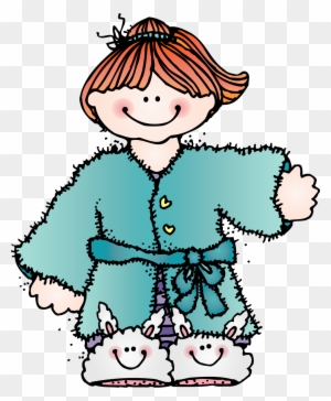 Smiling cartoon girl in a teal robe and fluffy slippers with bunny ears.