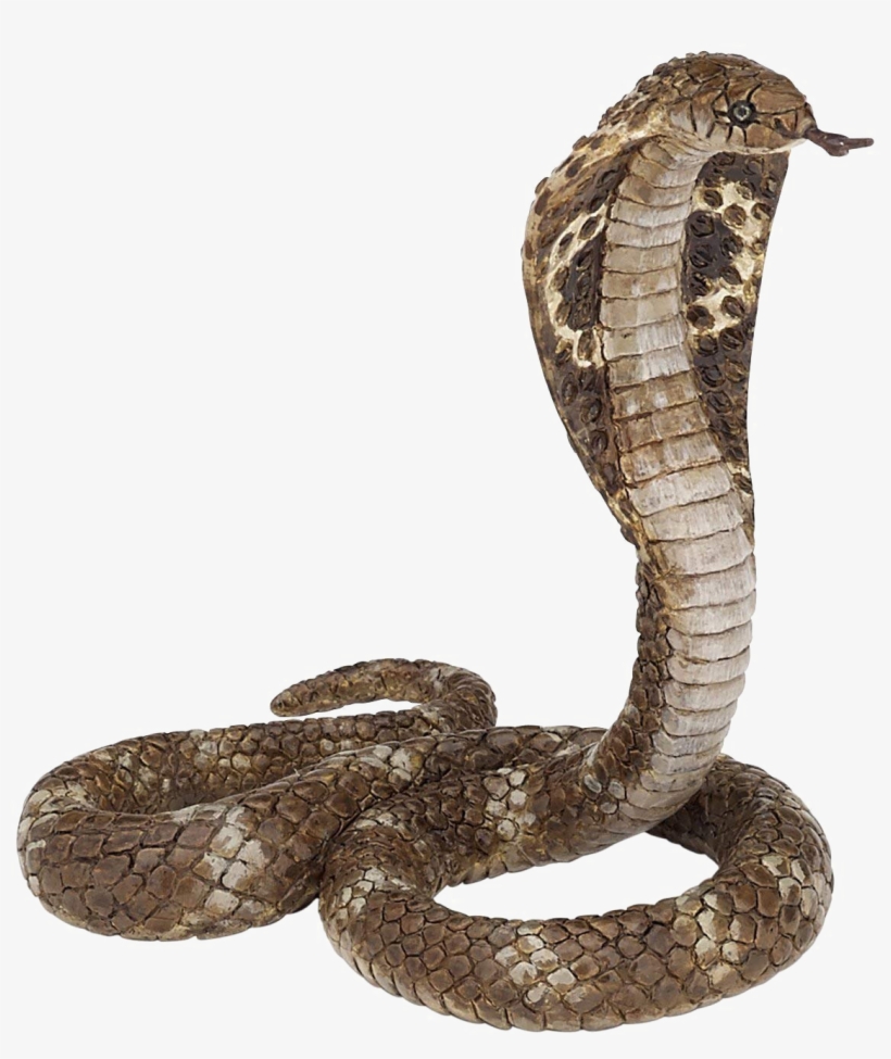 A detailed sculpture of a rearing cobra with flared hood, textured scales, and extended forked tongue against a white background.