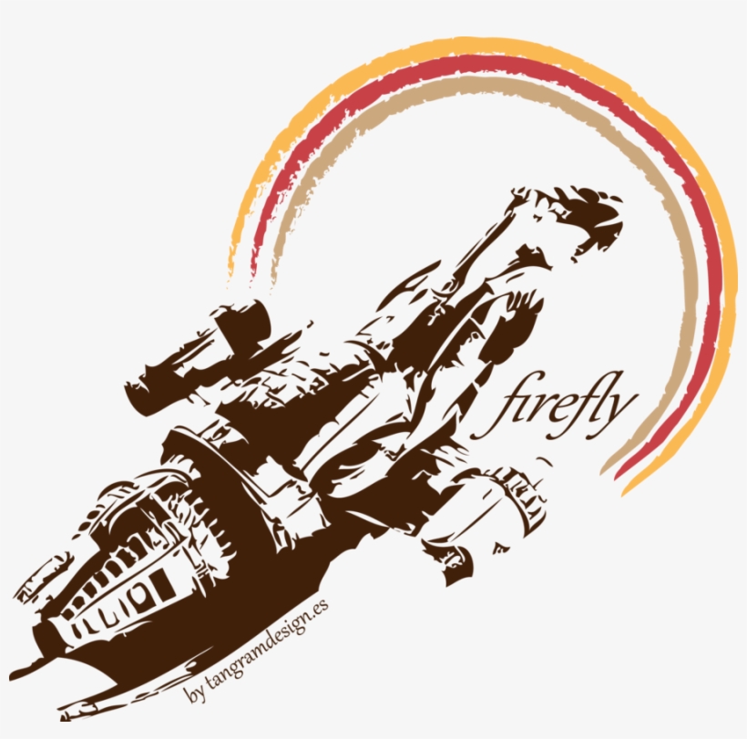Stylized illustration of the Serenity spaceship from Firefly, with rainbow arc and script text "firefly".
