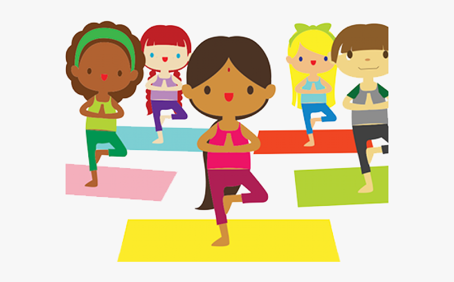 Diverse group of children practicing yoga poses on colorful mats in a cheerful, cartoon-style illustration.