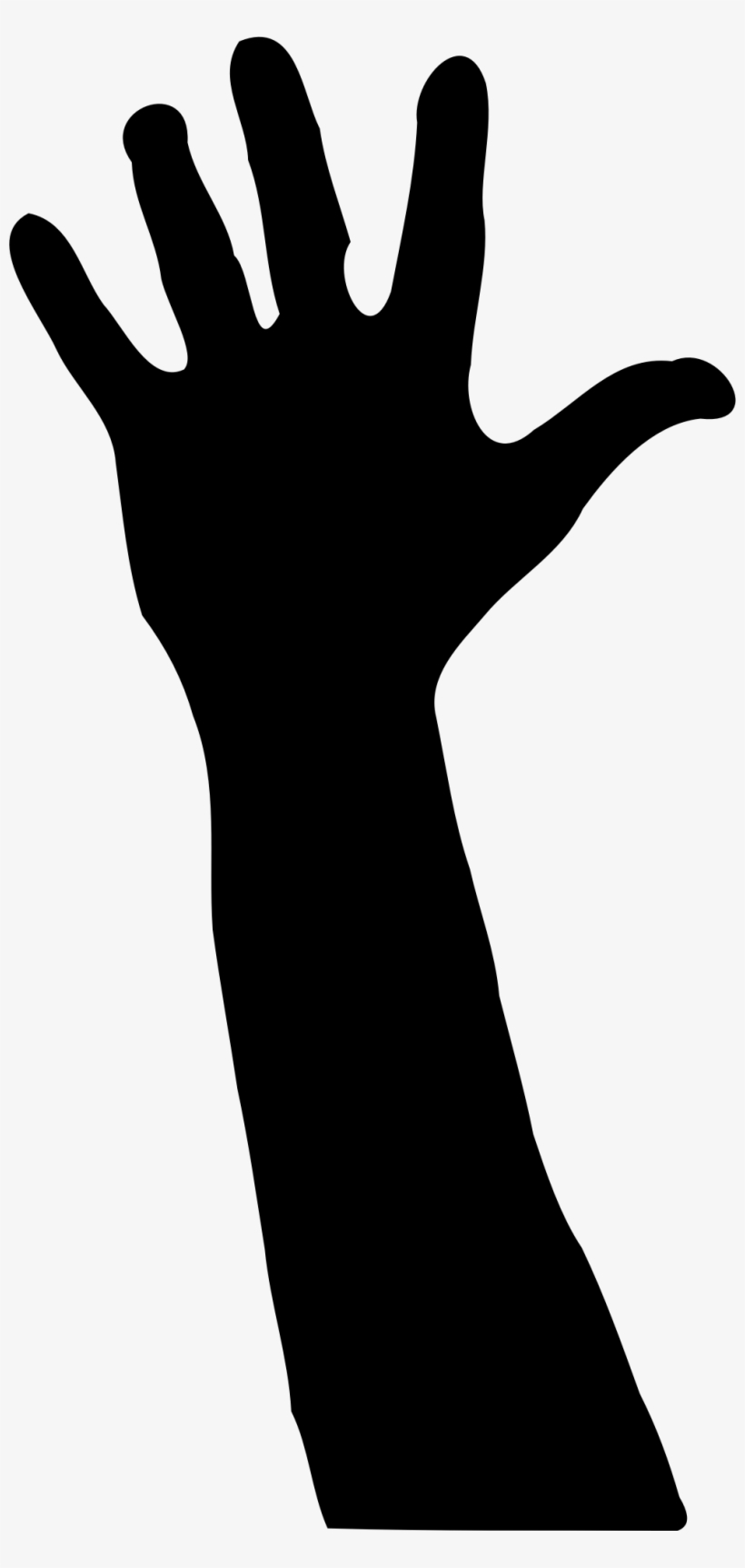 Black silhouette of a raised human hand with five spread fingers against a white background.
