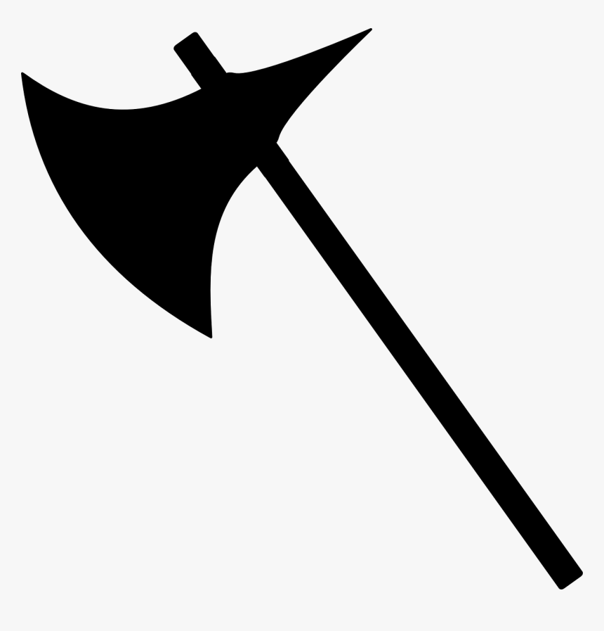 Black silhouette of a double-bladed axe with long handle, angled diagonally on white background.