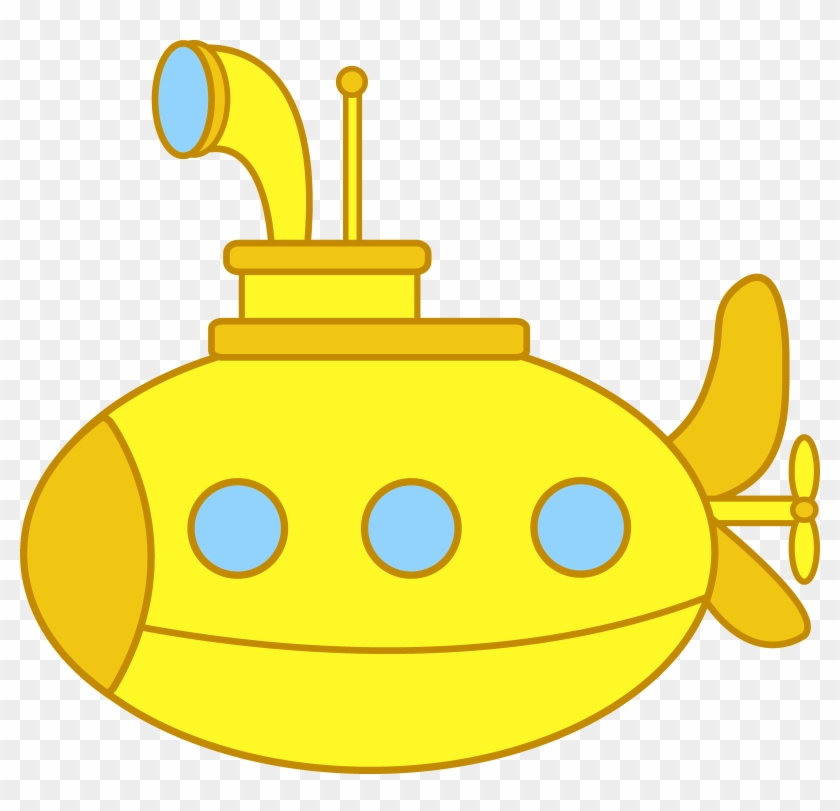 Bright yellow cartoon submarine with three blue portholes, periscope, and propeller on transparent background.