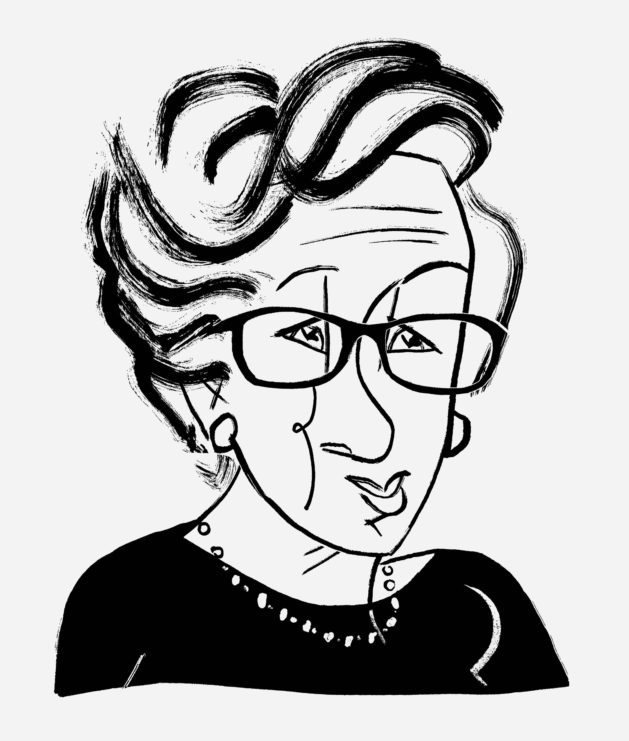 Black-and-white stylized line drawing of a woman with glasses, styled hair, and a pearl necklace.