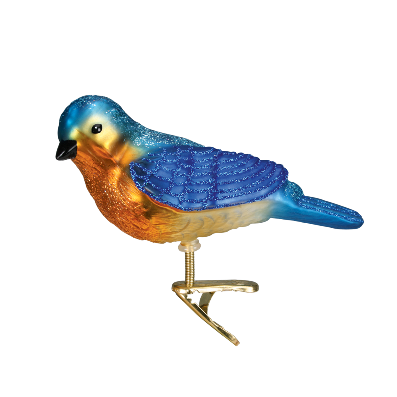 Glittery blue and orange glass bird ornament with gold clip attachment, styled as a decorative holiday item.