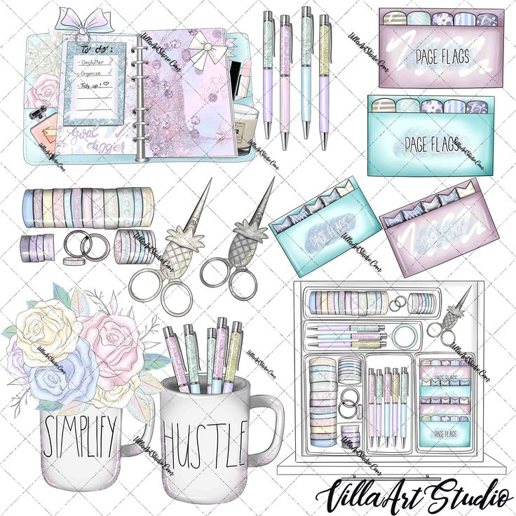 Pastel-themed planner accessories including pens, washi tape, page flags, scissors, and mugs with "Simplify" and "Hustle" text.