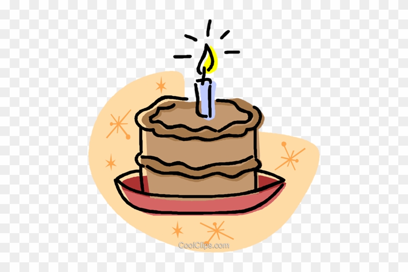 Hand-drawn birthday cake with one lit candle, brown frosting, on a red plate with starburst decorations.