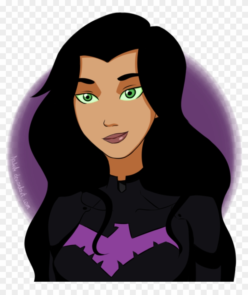 Animated portrait of a female superhero with long black hair, green eyes, and a purple bat emblem on her black suit.