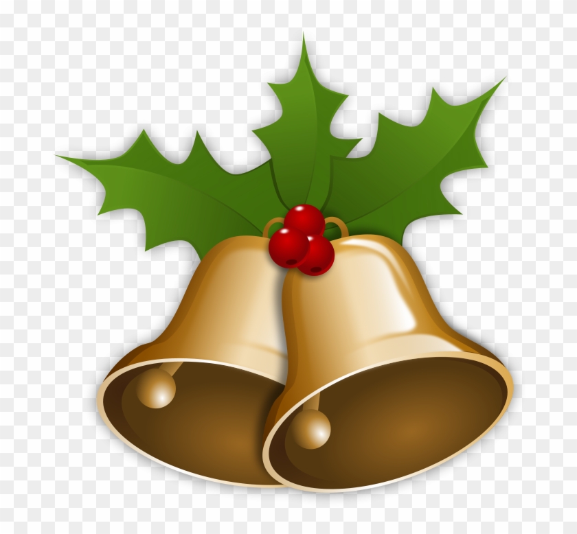 Golden Christmas bells with holly leaves and red berries on transparent background