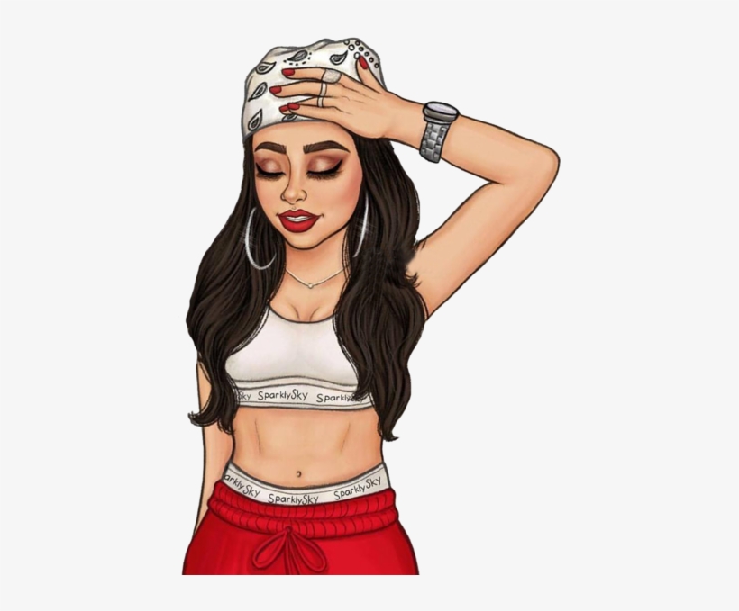 Illustrated woman with bandana, white crop top, red pants, and hoop earrings, hand on forehead in stylish pose.