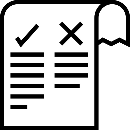 Black-and-white icon of a checklist with a checkmark on the left and an X on the right, symbolizing approval and rejection.