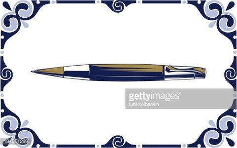 Elegantly designed blue and gold ballpoint pen centered in a decorative navy-and-white ornamental border.