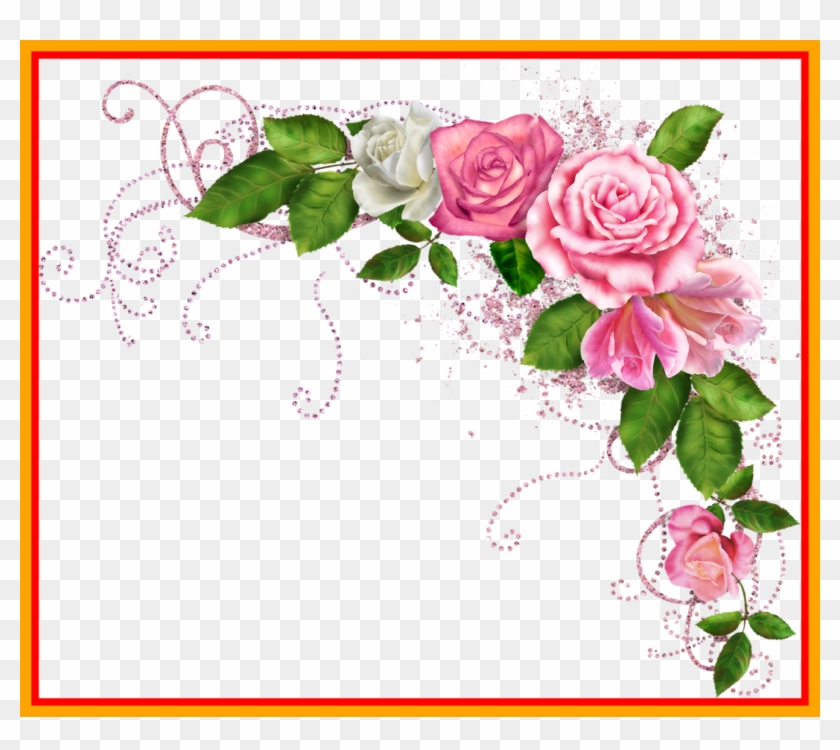 Decorative floral border with pink and white roses, green leaves, and sparkling swirls in a red-orange frame.