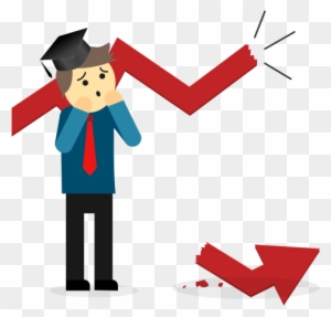 Stressed graduate student holding broken red downward arrow, symbolizing academic or career setbacks.