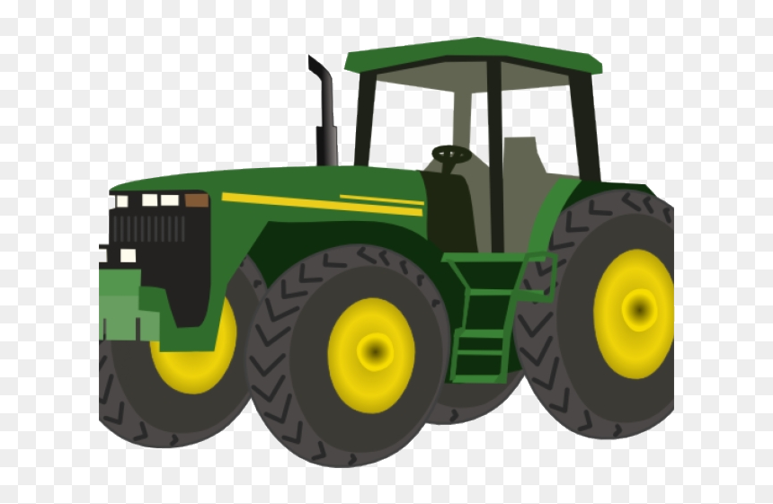 Green and yellow farm tractor with large rear tires and cab, illustrated in flat vector style on transparent background.