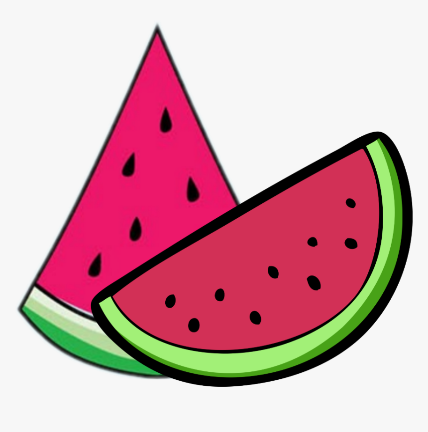 Two colorful cartoon-style watermelon slices with black seeds and green rind on white background.