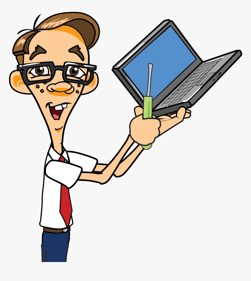 Cartoon tech support guy holding laptop with screwdriver, wearing glasses and red tie.