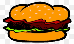 Cartoon-style hamburger with sesame seed bun, beef patty, lettuce, and ketchup.