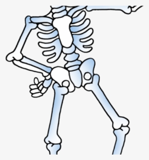Blue cartoon skeleton dancing in a lively, dynamic pose with arms raised and one leg bent.
