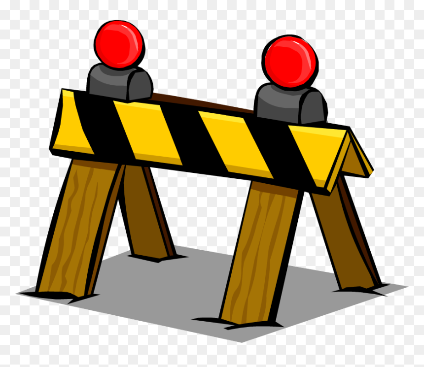 Yellow and black striped traffic barricade with red warning lights on wooden A-frame legs.