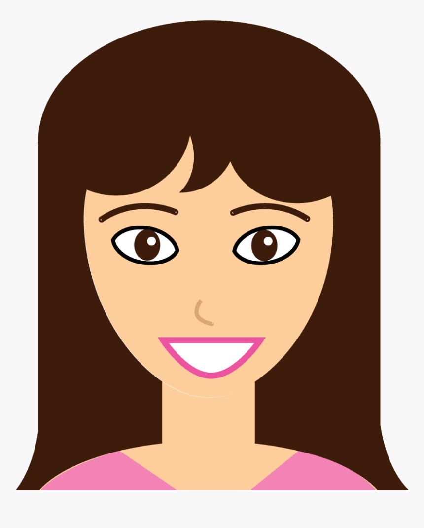 Smiling cartoon woman with brown hair, bangs, and pink top.