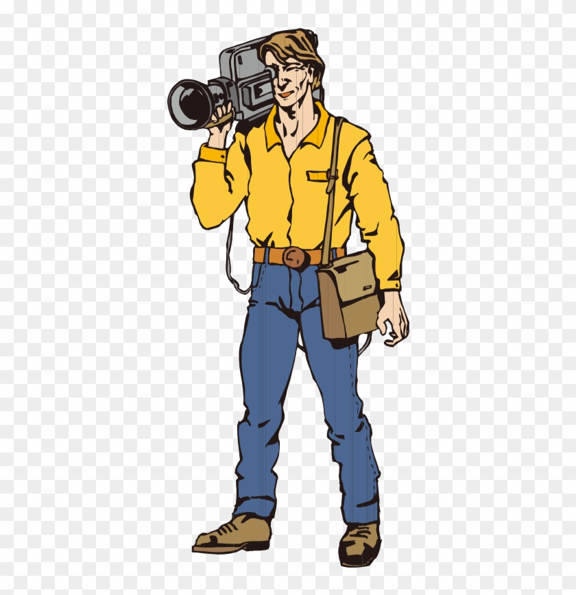 Cartoon man in yellow shirt holding vintage video camera, wearing blue jeans and shoulder bag.