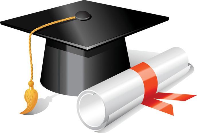 Black graduation cap with gold tassel beside a rolled diploma tied with red ribbon.