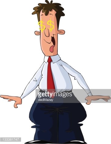 Cartoon man with dollar signs in eyes, wearing shirt and tie, looking excited about money.