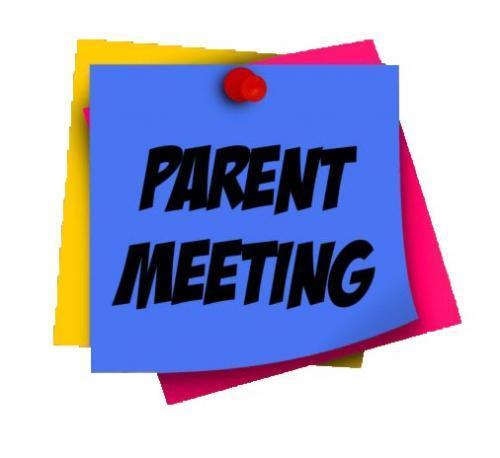 Blue sticky note with "PARENT MEETING" in bold black text, pinned over yellow and pink notes.