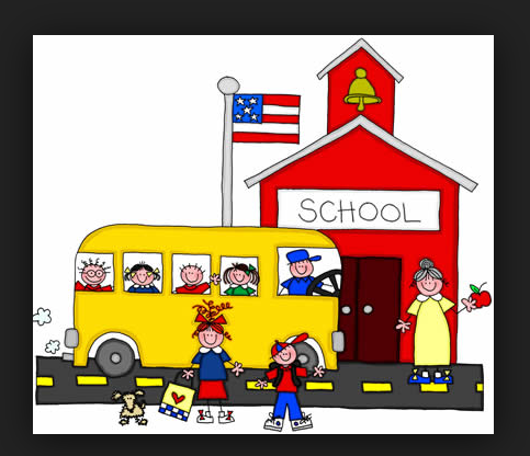 Cheerful cartoon school scene with yellow bus, students, teacher, dog, and American flag.