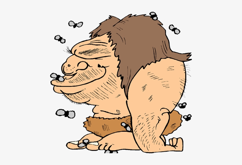 Cartoon caveman with exaggerated features, surrounded by flies, wearing a loincloth and crouching.