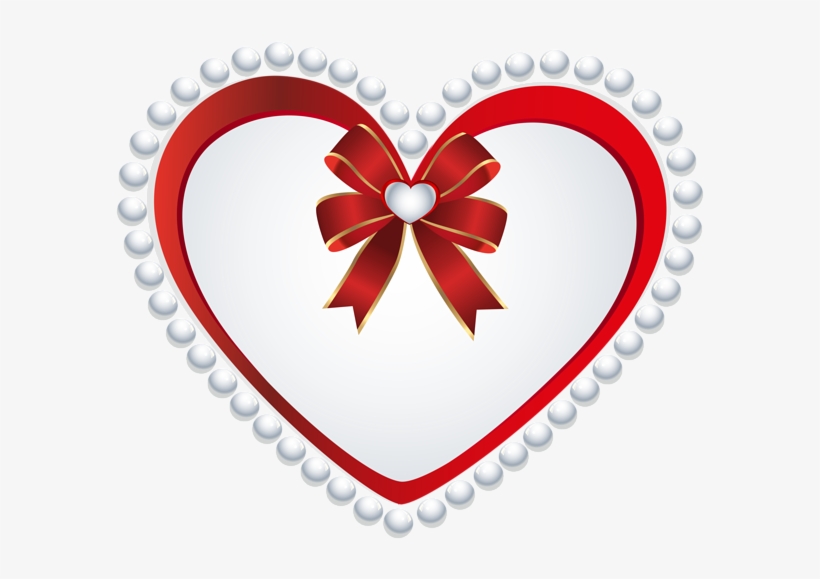 A white heart with a red ribbon bow and pearl border, symbolizing love and celebration.