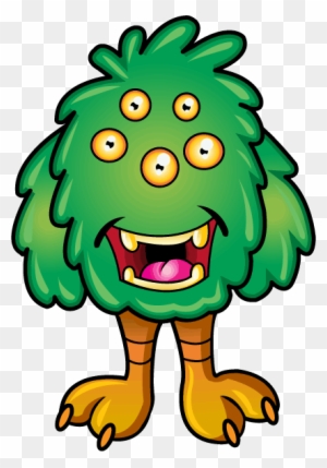 A cheerful green furry monster with five yellow eyes, a wide grin, and orange legs standing on a transparent background.