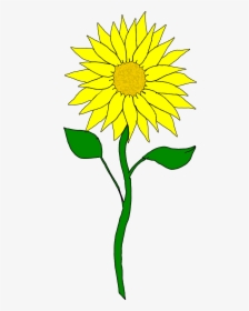 Bright yellow sunflower with green stem and leaves, simple illustrated style.