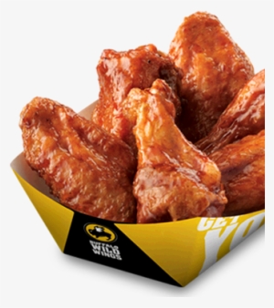 Crispy buffalo wings in a branded yellow and black Wingstop container, coated in glossy red sauce.