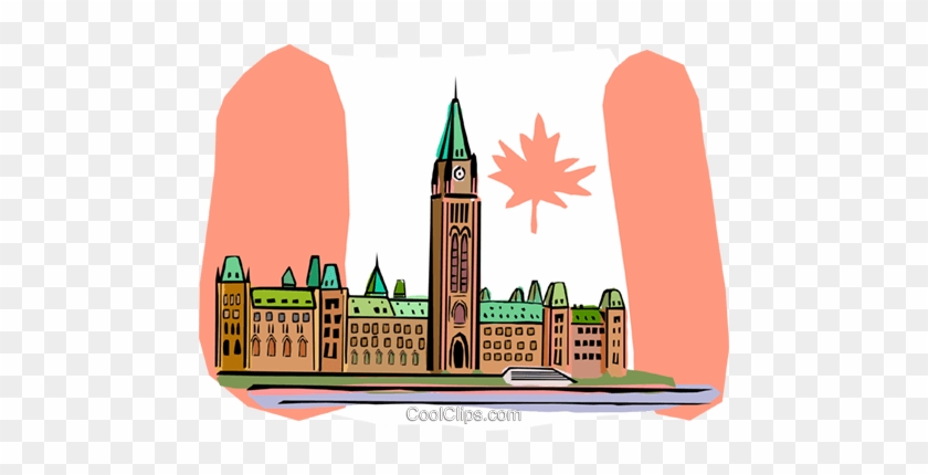 Illustrated Canadian Parliament Buildings with maple leaf and flag motif.